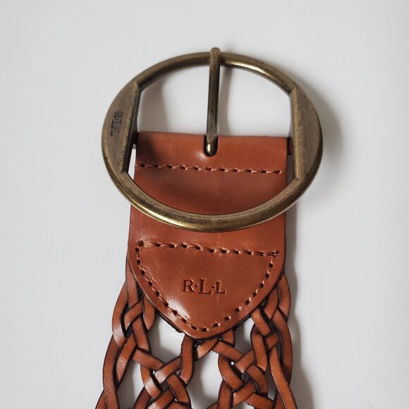 Lauren Ralph Lauren Wide Woven Brown Leather Belt Large Ring Buckle Length 38" - Picture 4 of 7